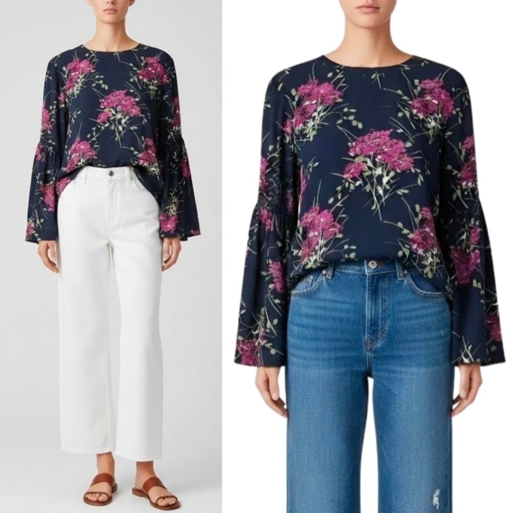 Loft Floral Oversized Long Bell Sleeve Chiffon Blouse Top